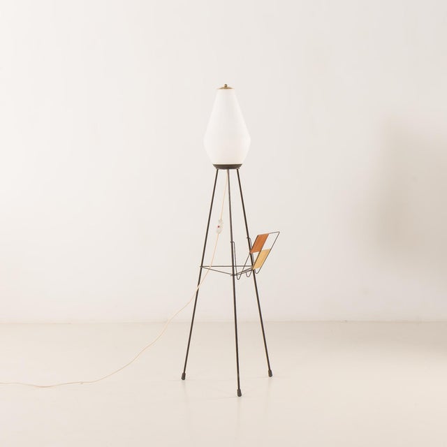 Mid-Century Italian Floor Lamp in Brass and Opaline Glass with Newspaper Rack in the style of Stilnovo, 1960s For Sale - Image 11 of 11