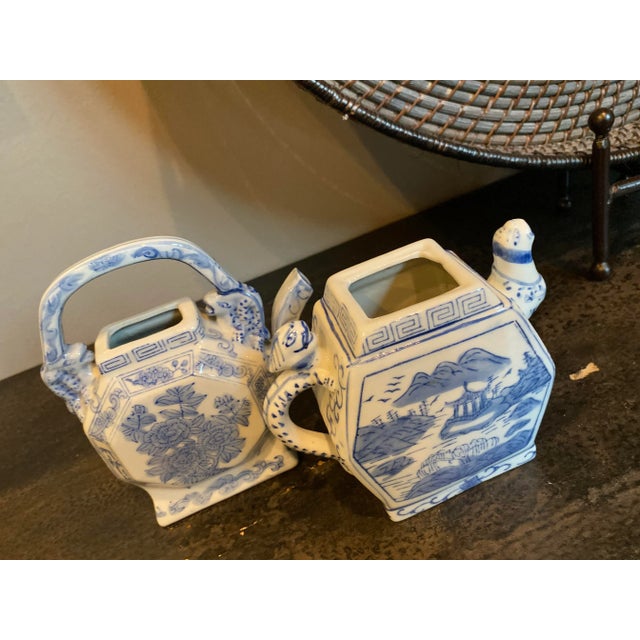 Vintage Chinoiserie Blue and White Porcelain Tea Pots - a Pair For Sale - Image 9 of 13
