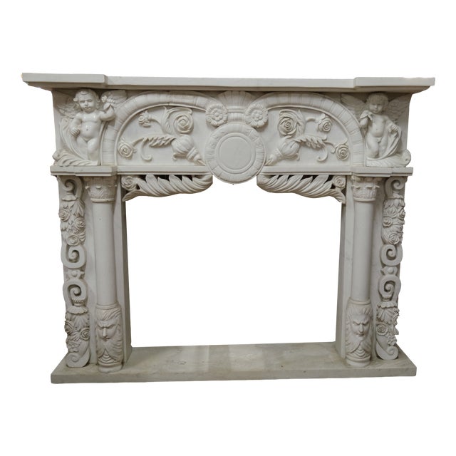 Louis XVI White Carrara Marble Fireplace, 1940s For Sale