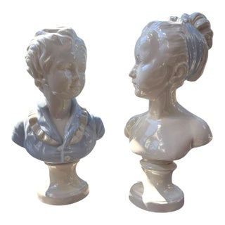 Pair of Vintage Italian White Ceramic Busts of a Boy & Girl, 15" For Sale