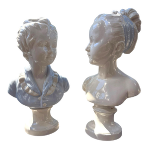 Pair of Vintage Italian White Ceramic Busts of a Boy & Girl, 15"