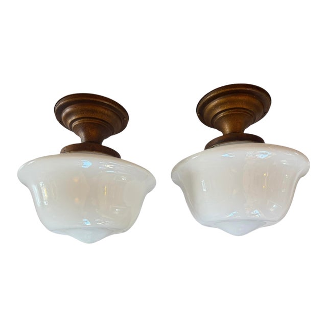Pair of Vintage Milkglass Ceiling Light Fixtures With Original Brass Holders For Sale
