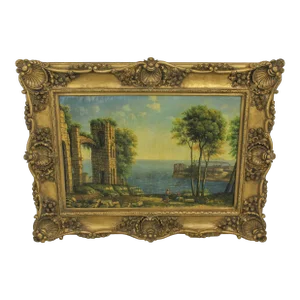 Mediterranean Coastal Scene Framed Oil Painting on Canvas