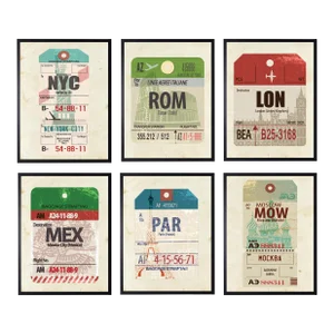 Travel Ticket Prints in Black Shadowbox - 17" x 21", Set of 6
