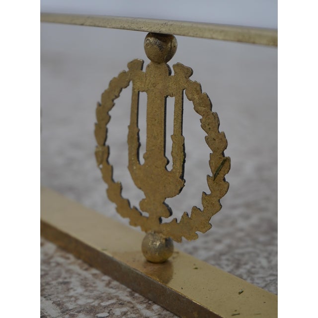 Metal Vintage French Style Wreath & Lyre Brass Fireplace Fender For Sale - Image 7 of 9