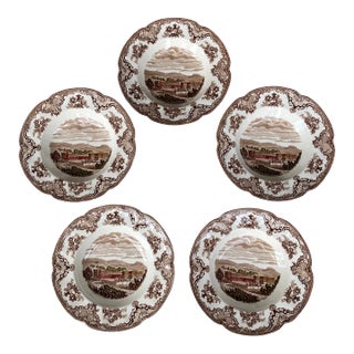 1930s Johnson Bros. Old Britain Castles Brown Rimmed Soup Bowls - Set of 5 For Sale