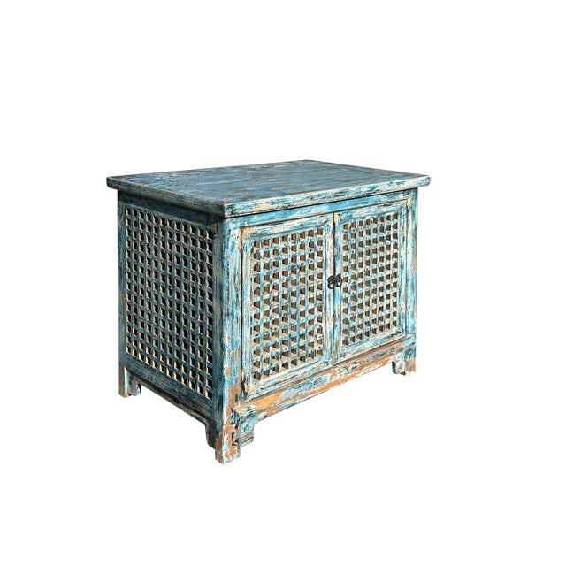 2000 - 2009 Distressed Fade Turquoise Blue Latticewook Doors Credenza Storage Cabinet For Sale - Image 5 of 5