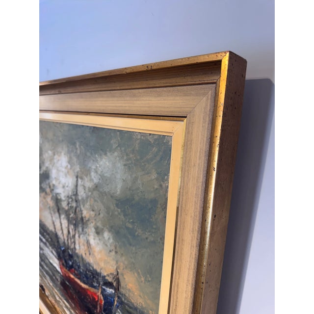 Vintage seascape oil painting with fishing boats. Beautifully textured oil painting depicting fishing boats resting along...