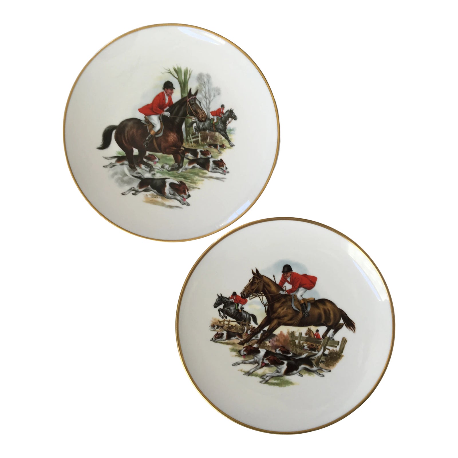 Set of Mid-Century Bone China Plates in Equestrian Fox Hunting
