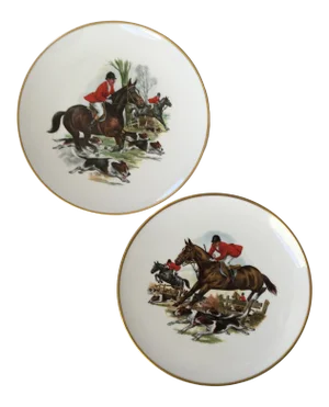 Set of 2 - Mid-Century Bone China Plates in Equestrian Fox Hunting Scenes - Made in England