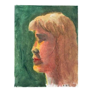 Small Profile Portrait Painting of a Blonde Girl on Green - 7” X 9” For Sale