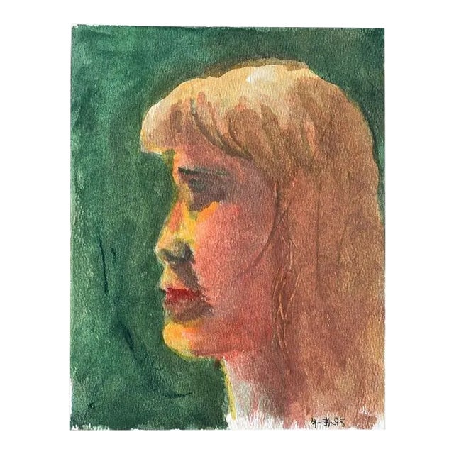 Small Profile Portrait Painting of a Blonde Girl on Green - 7” X 9” For Sale