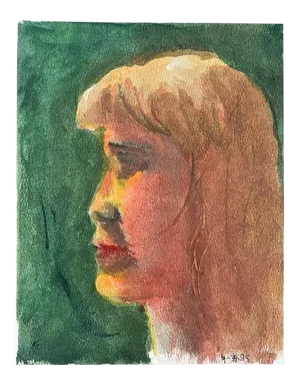 Small Profile Portrait Painting of a Blonde Girl on Green - 7” X 9”