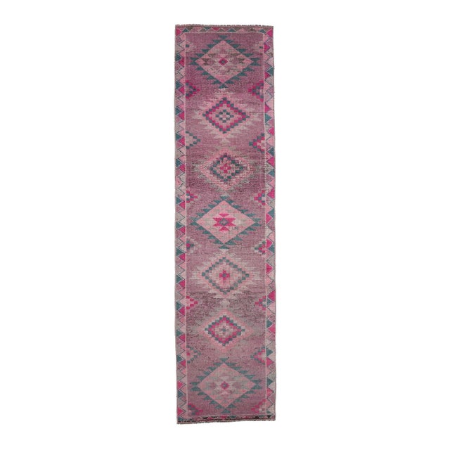1970s Turkish Handmade Wool Pink Diamond Runner For Sale - Image 9 of 9
