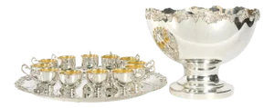English Georgian Style Silver Plated Copper Punch Bowl Service - Set of 15