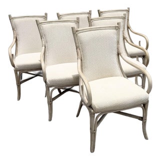 Vintage Coastal Cream and Tan Rattan Dining Arm Chairs by Whitcraft - Set of 6 For Sale