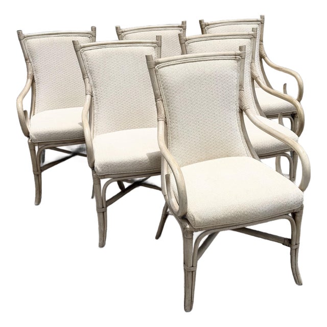 Vintage Coastal Cream and Tan Rattan Dining Arm Chairs by Whitcraft - Set of 6 For Sale