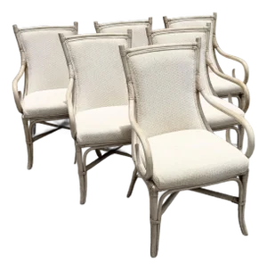 Vintage Coastal Cream and Tan Rattan Dining Arm Chairs by Whitcraft - Set of 6