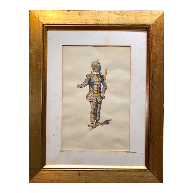 Unknown, Costume Stage Drawing Medieval Jester or Harlequin Figure Watercolor Painting For Sale