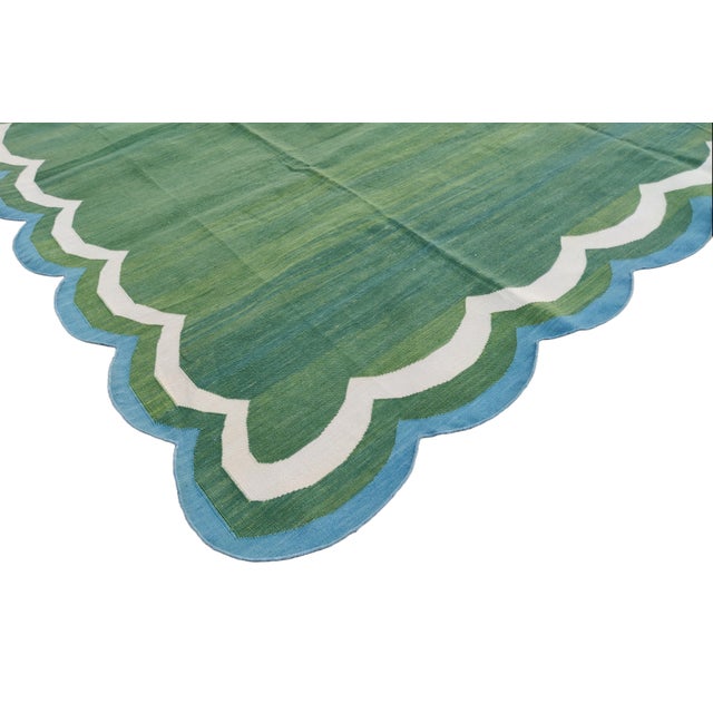 Not Yet Made - Made To Order Not Yet Made - Made To Order Handmade Cotton Reversible Scalloped Edge Rug Forest Green With Cream and Teal Blue Border - 9'x12' For Sale - Image 5 of 11