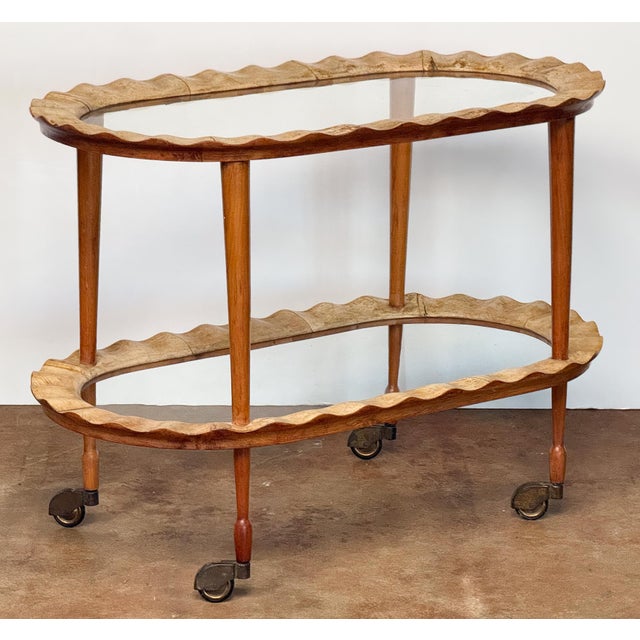 Italian Italian Two-Tier Drinks Cart of Scalloped Wood and Glass - Mid 20th Century For Sale - Image 3 of 10