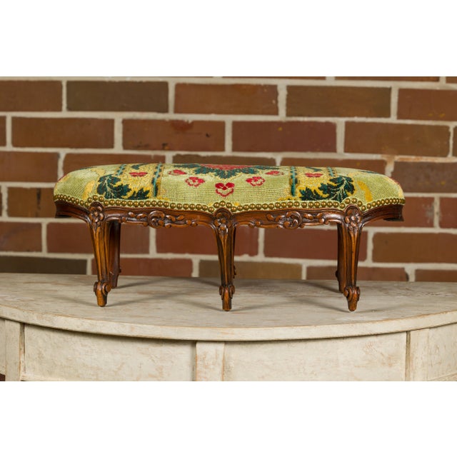 Brown French Louis XV 19th Century Carved Walnut Footstool with Tapestry Upholstery For Sale - Image 8 of 11