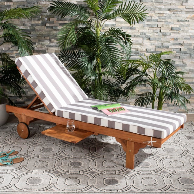 Ecru Newport Chaise Lounge Chair with Side Table, Natural/Grey Stripe Cushion For Sale - Image 8 of 11