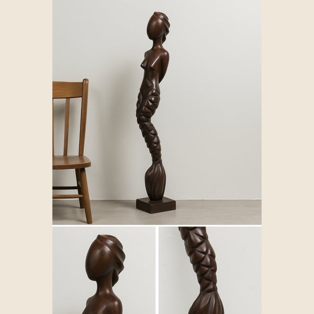 Vintage Modernist Carved Hardwood Female Figure, Southeast Asian Decorative Floor Sculpture, Mid to Late 20th Century For Sale - Image 12 of 15