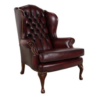 Brown and Red Leather and Wood Chesterfield Armchair For Sale