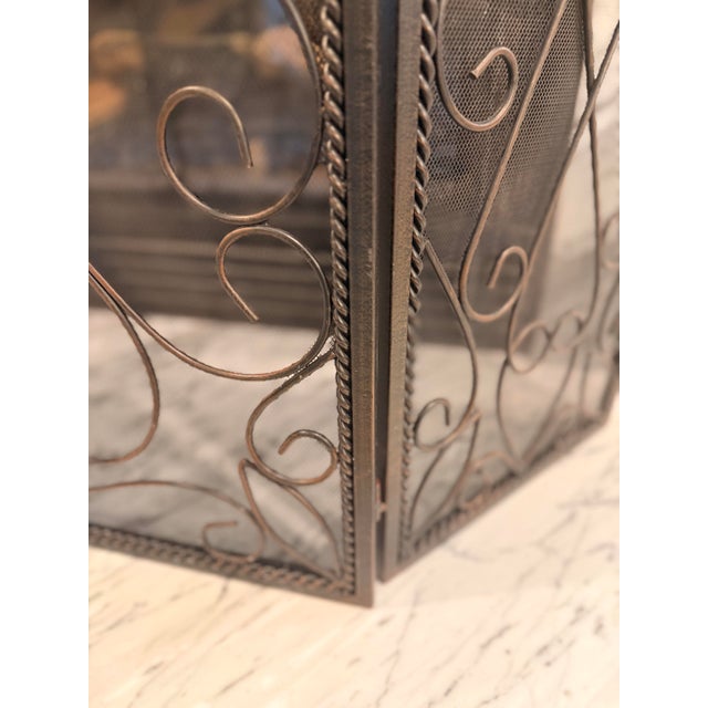 Large Wrought Iron Three-Panel Trifold Fireplace Screen With Scrollwork & Twisted Rope Border For Sale - Image 4 of 8