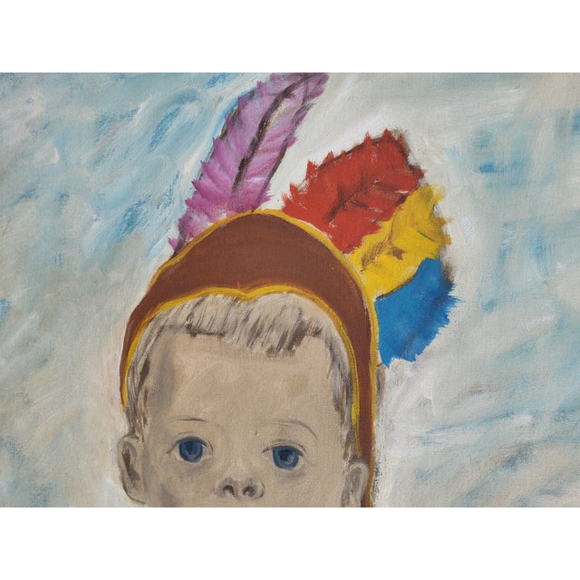 Textile Mid Century Modernist Oil Portrait Painting by Woodstock Art Colony Artist Carolyn Haeberlin 1956 "Indian" For Sale - Image 7 of 18