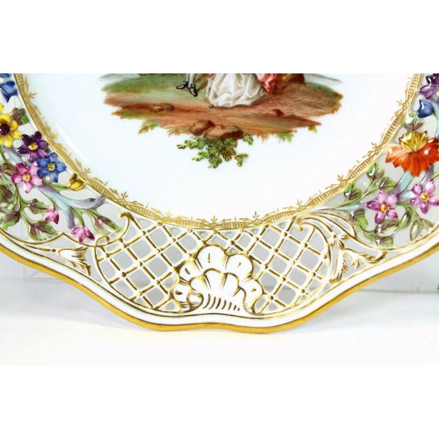 Ceramic 1820's Porcelain Plates Coalport Romantic Scenes Reticulated With Encrusted Flowers - a Pair For Sale - Image 7 of 13