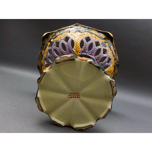 Gold Mid 20th Century Royal Satsuma Handpainted Moriage Reticulated Pedestal Centerpiece Bowl Compote For Sale - Image 8 of 10