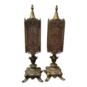 Mid 20th Century Pair of Loevsky and Loevsky Embossed Brass Metal Hollywood Regency Lamps