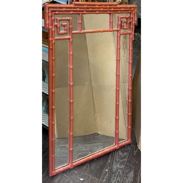 Hollywood Regency Mid-Century Hollywood Regency Faux Bamboo Greek Key Form Mirror- Burnt Orange For Sale - Image 3 of 6