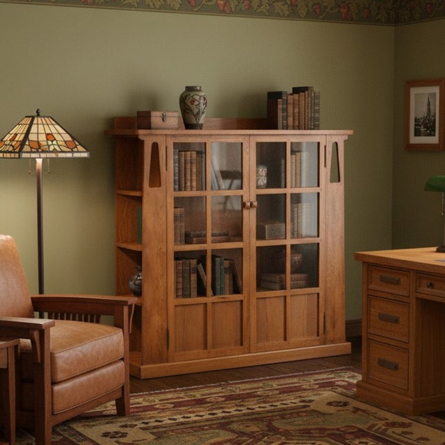 Mission Double Door Bookcase With Side Shelves - Michael's Cherry For Sale - Image 9 of 9