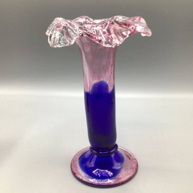 Murano Murano Colbalt Blue With Pink Swirl Floral Studio Art Glass Vases - A Pair For Sale - Image 4 of 12
