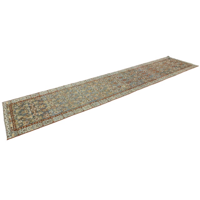 Traditional Antique Oriental Runner - Hand-Knotted Wool Muted Blue & Rust Oushak Style 3x13 For Sale - Image 3 of 9