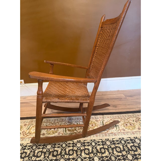 Antique Oak Rocking Chair With Woven Splint Seat and Back For Sale - Image 16 of 16