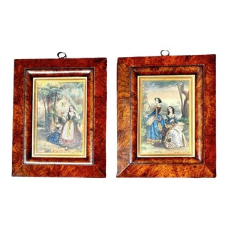 Antique 19th Century Jeweled Hand Colored Lithographs Period Frames - Set of 2 For Sale