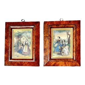 Antique 19th Century Jeweled Hand Colored Lithographs Period Frames - Set of 2