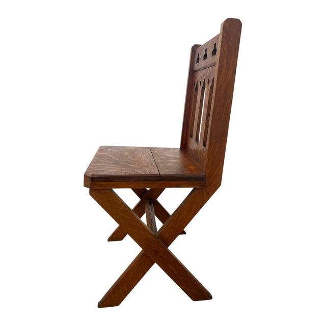 Early 20th Century Antique Gothic Revival Oak X-Frame Accent Chair. For Sale - Image 5 of 10