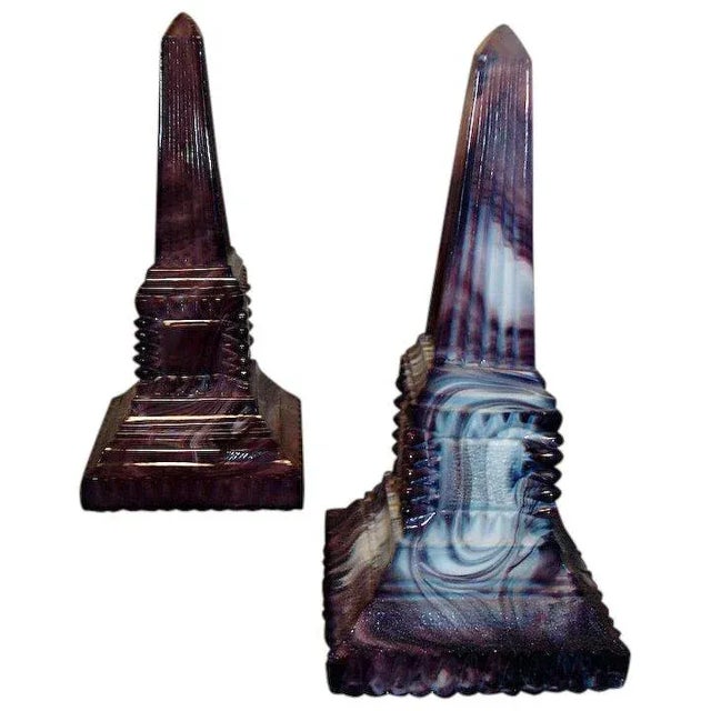 19th Century Slag Glass Obelisk Monuments in Agate Purple & White - a Pair For Sale - Image 9 of 9