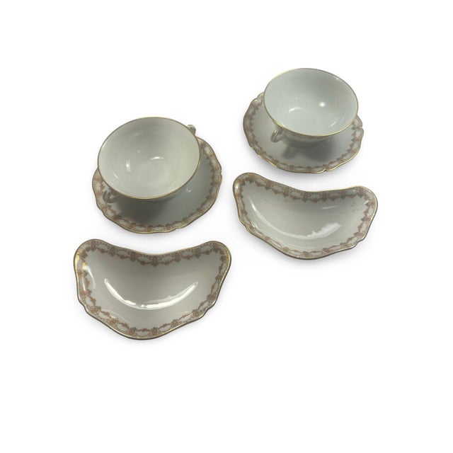 Metal Vintage Limoges France Porcelain Coffee and Croissant Set, Hand Painted Gold Trim Tea Cups and Crescent Plates - Set of 6 For Sale - Image 7 of 10