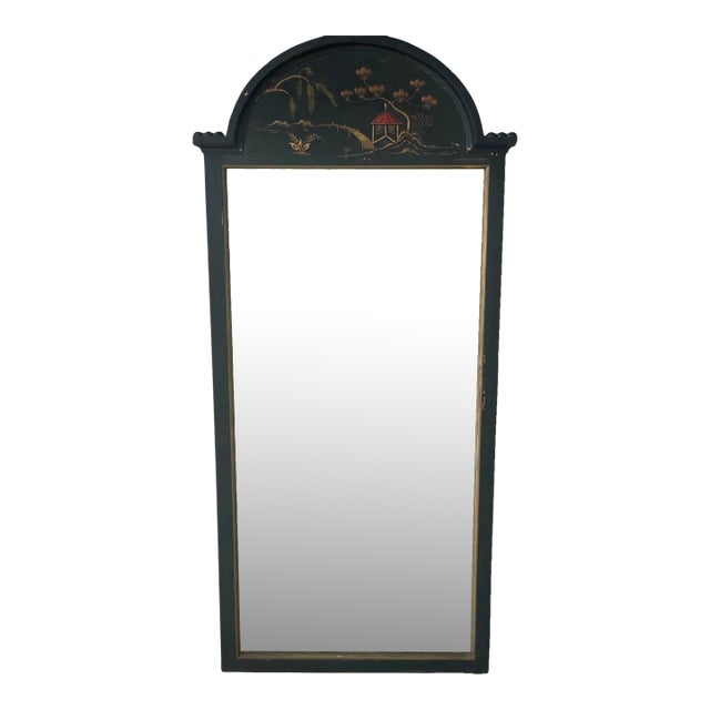 Vintage Hand-Painted Black Chinoiserie Mirror – Solid Wood, Mid-20th Century For Sale