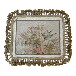 Silk Tapestry Cushion Cover With Floral & Bird Motif, Ivory & Sage, 18" X 22" For Sale
