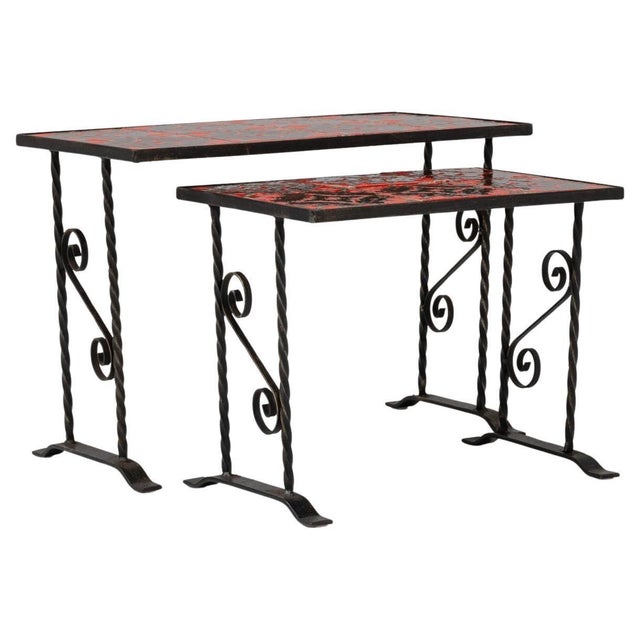 20th Century French Iron Nesting Tables With Ceramic Tops - A Pair For Sale - Image 15 of 18