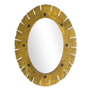 Elliptical Mirror in Hammered, Gilded Brass, 1950s For Sale