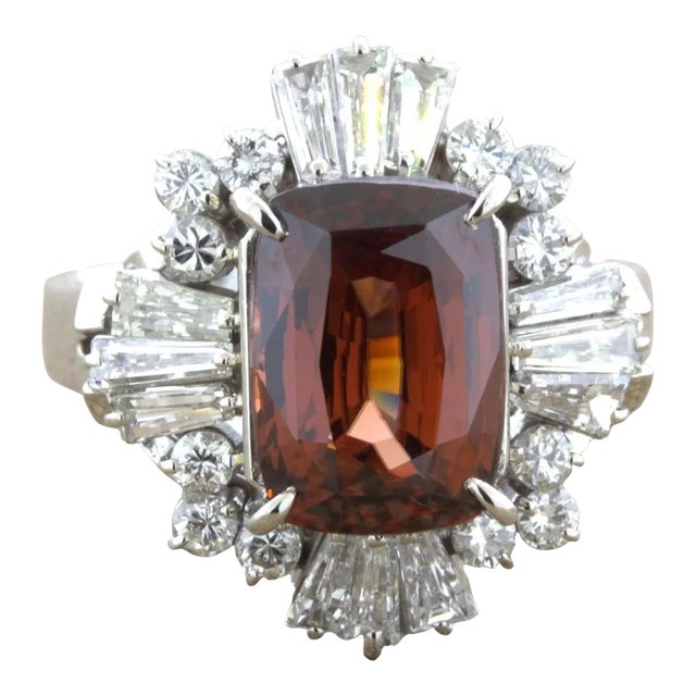 Orange Zircon Diamond Platinum Ring, Size 6.5 For Sale