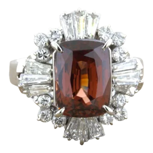 Orange Zircon Diamond Platinum Ring, Size 6.5
